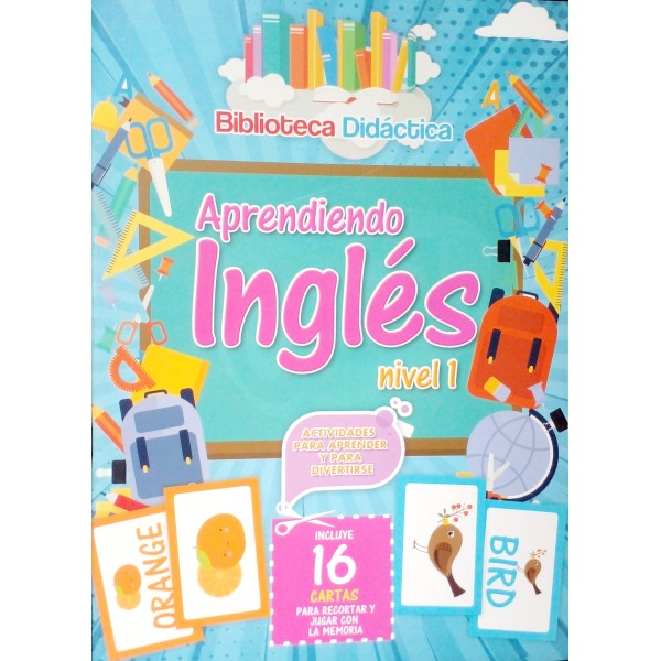 Aprendiendo Inglés: libro educativo 24 pág, tapa blanda, 27x19 cm + 16 cartas para jugar