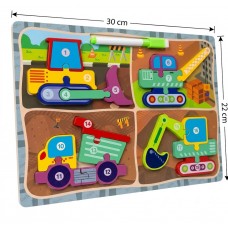 Pizarra Rompecabezas Didáctico de Madera Vehículos de Construcción con Marcador - 18 Piezas en Total