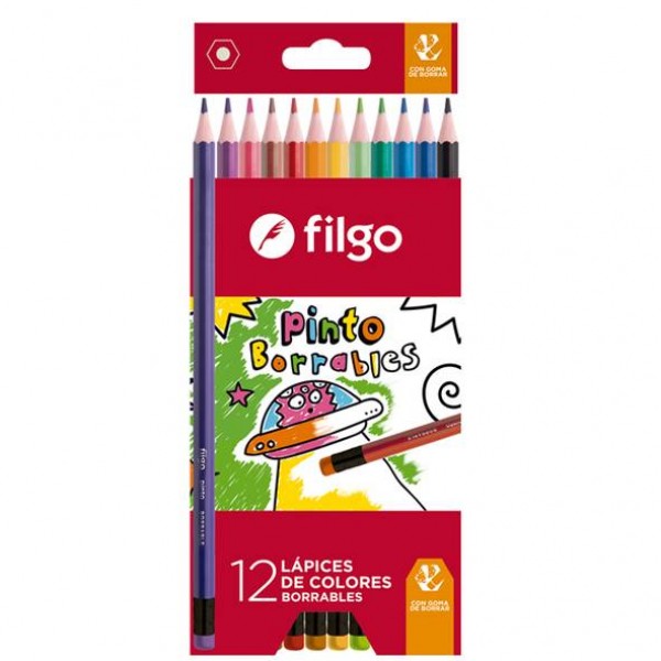 Lápices de colores Filgo x 12 unidades Largos Borrables (con goma)