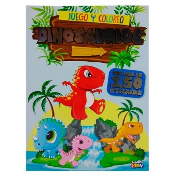 Juego y coloreo Dinosaurios: libro de tapa blanda, 32 páginas, 20x28 cm, con más de 150 stickers