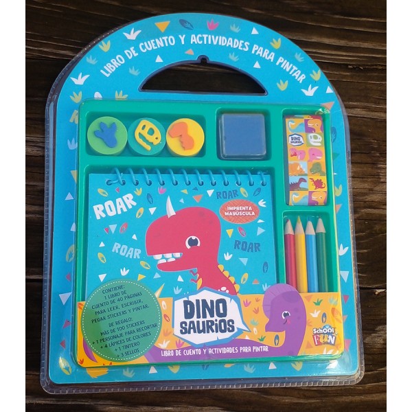 Libro de cuentos y actividades Dino + 100 stickers + lápices + tintero + 3 sellos, en valijita blister