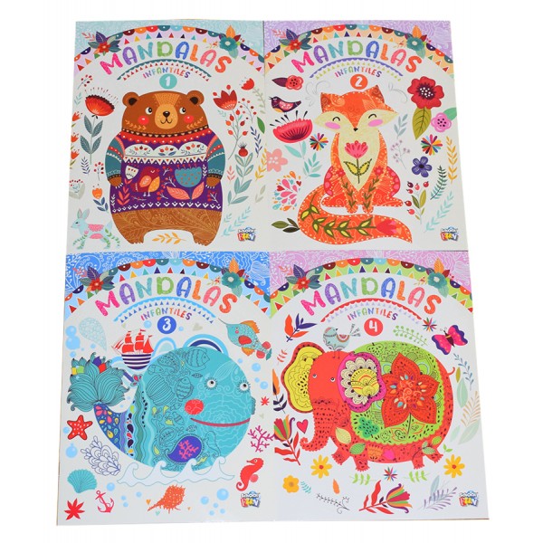 Mandalas infantiles Animalitos, 28x21 cm, 16 láminas para colorear, cuatro modelos diferentes