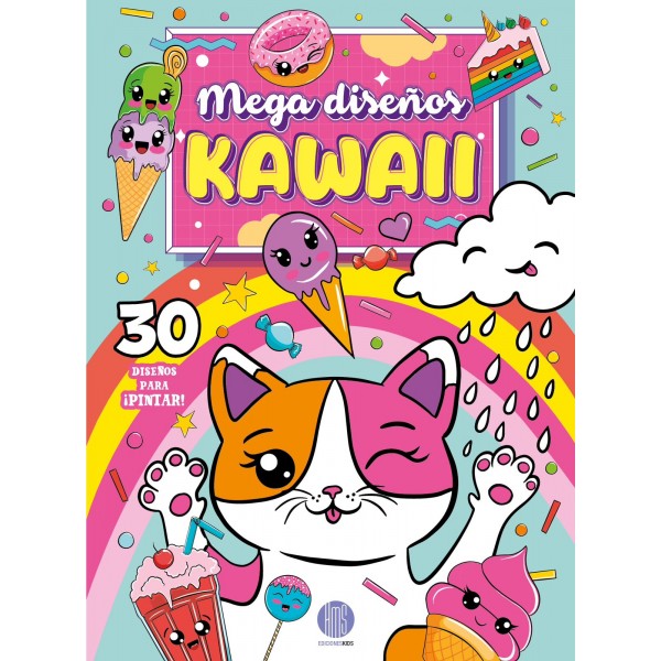 Activity Book Mega diseños Kawaii: libro de actividades para colorear, 23x31 cm, 32 páginas, tapa blanda