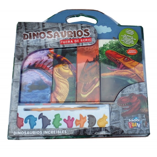 Valija didáctica Dinosaurios fuera de serie: 4 libros para pintar y leer + pincel + 8 acuarelas + 2 figuras recortables